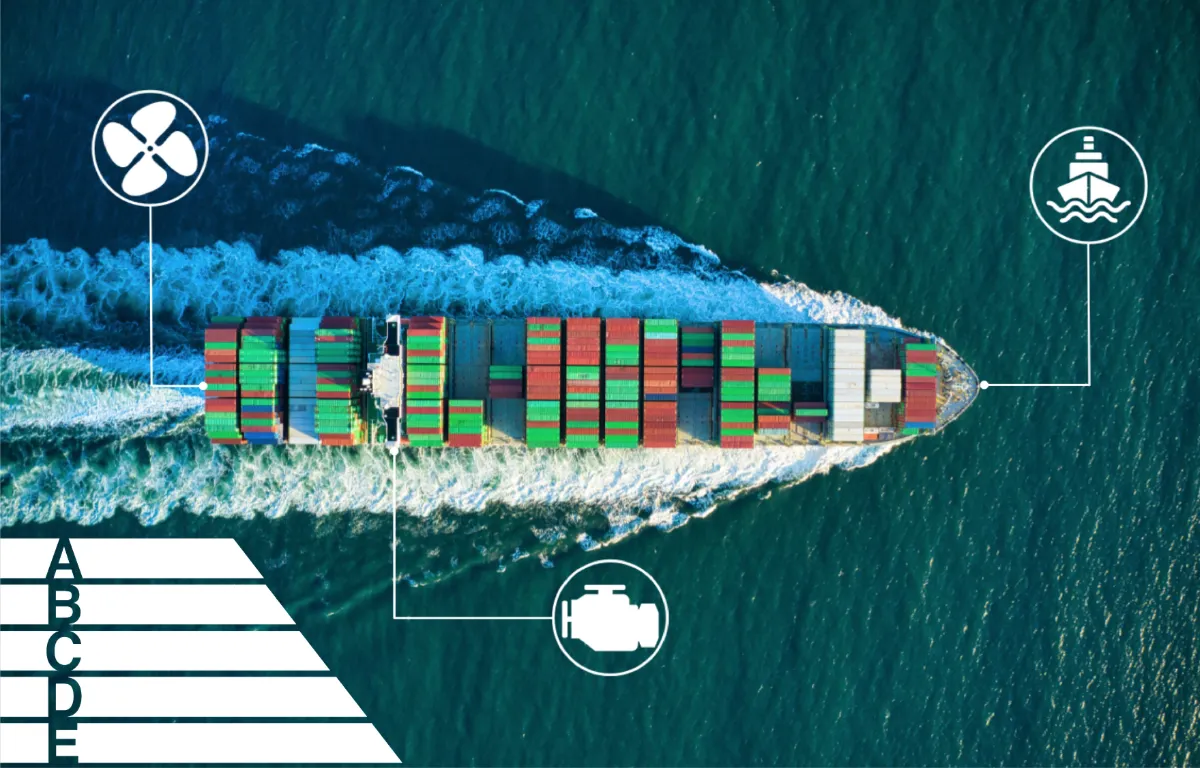 Container ship seen from above with the energy saving areas marked and an A to E rating scale