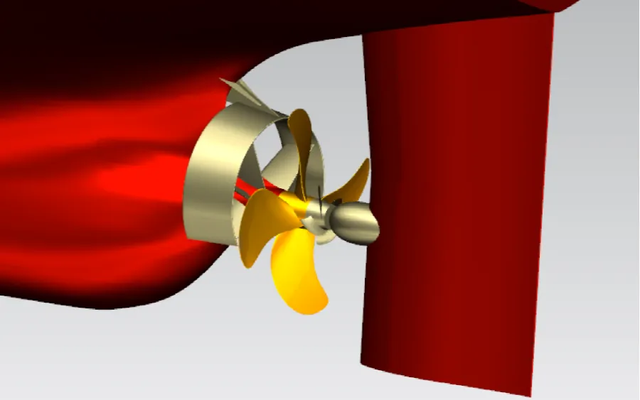 CFD model of a stern with pre-shrouded vanes, a propeller and the rudder
