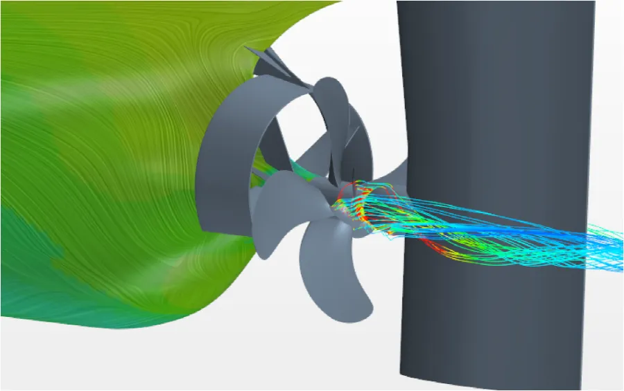 Flow simulation streamlines passing through a ducted propeller